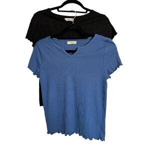 (2) Pinc Girls Size 16 Black and Blue Lettuce Trim Tee Shirts Poly Blend NWOT